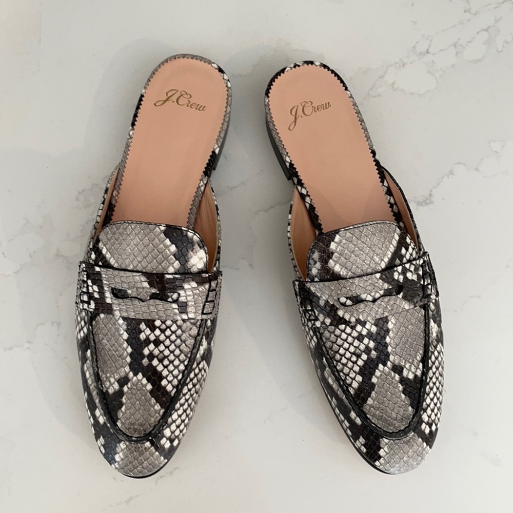 J. Crew Black and grey crocodile mules